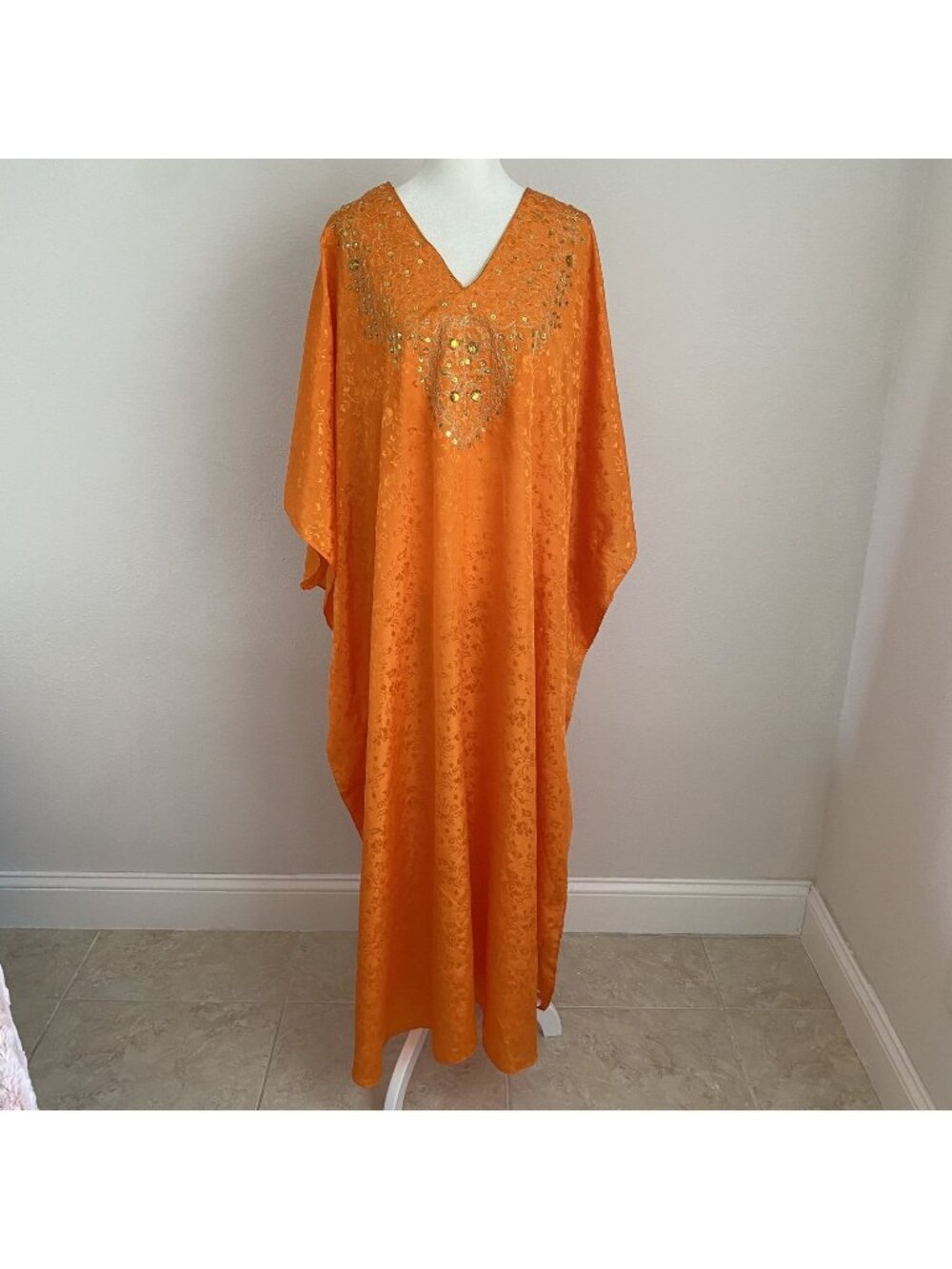 Ashro Womens Free Size Orange Floral Kaftan Dress Sequin Rhinestones Maxi